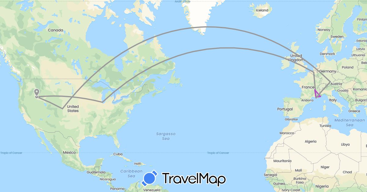 TravelMap itinerary: bus, plane, train in Belgium, Germany, France, United States (Europe, North America)